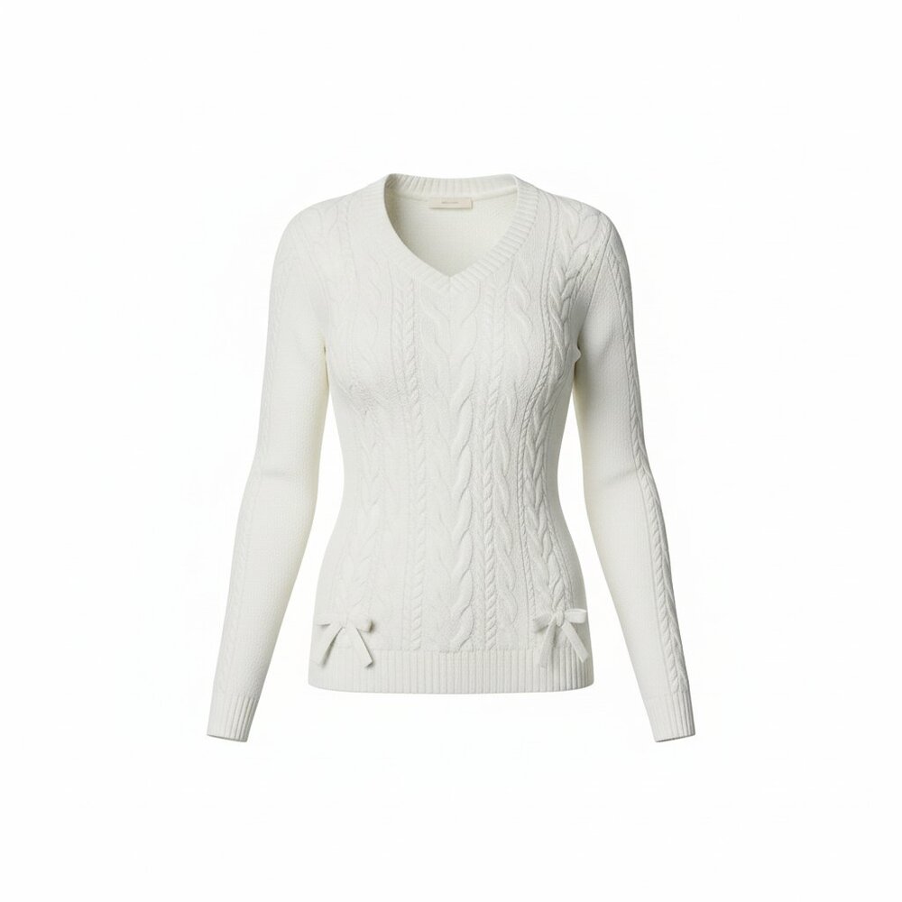 Cream Cable Knit Sweater V Neck Lace Up Ribbon Cozy Cottagecore-New
